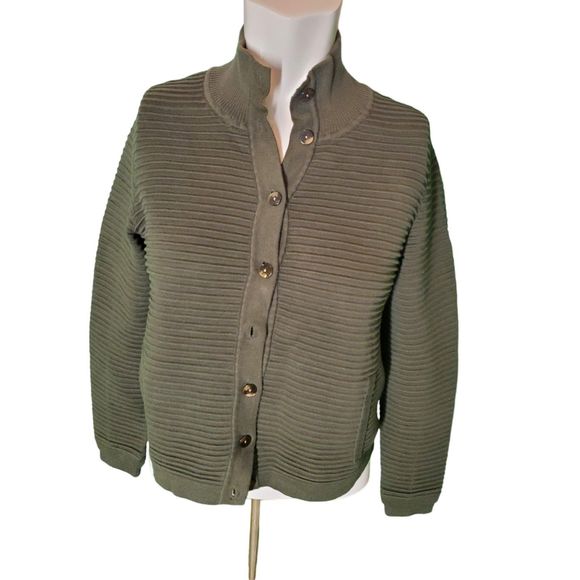 Belford Olive Green Pima Cotton Sweater Textured Cardigan collared Button Sz XS - Picture 1 of 5